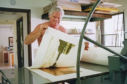 Hal pulling a Proof of an Etching/Aquatint on his intaglio press, 1990.