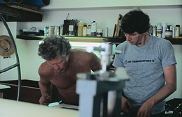 Collaborating with Master Printer Bob Townsend of Georgetown, MA, in Hal's etching studio, 1988.