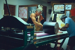 Inking a Rainbow Roll with Master Printer Julio Juristo, Topaz Editions, Tampa, Florida, 1990.