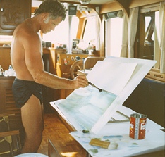 Painting a watercolor on board Hal and B.J.'s floating studio Mangrove Momma IV -Anchored off Three Rooker Bar- Summer 1986